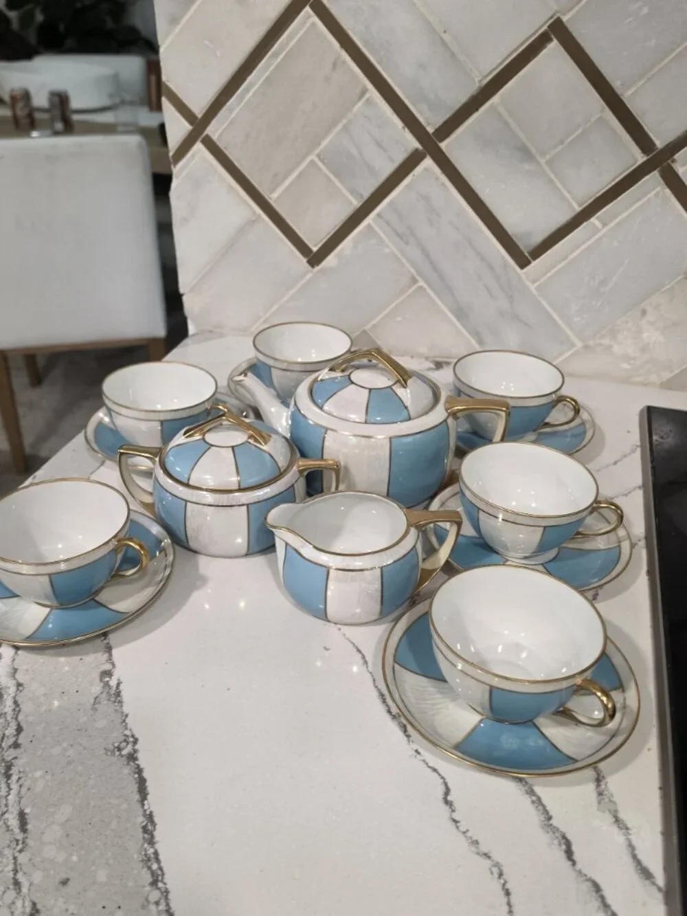 Noritake Tea Set 15-Piece Blue White Pearlescent w/ gold Porcelain Made In Japan